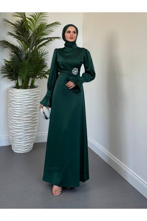Satin Dress with Ruffled Cuffs and Stone Detail on the Front -Emerald