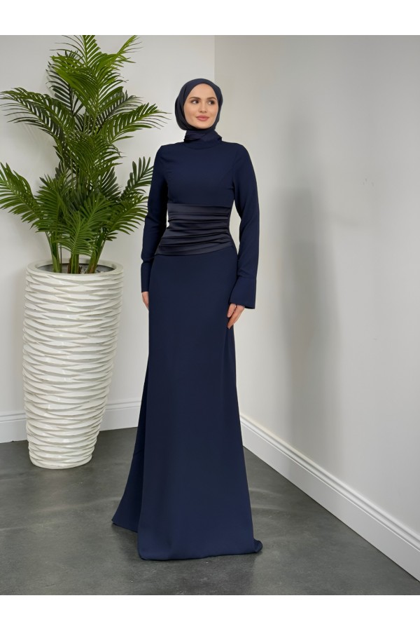 Draped Waist Buttoned Crepe Dress -Navy blue