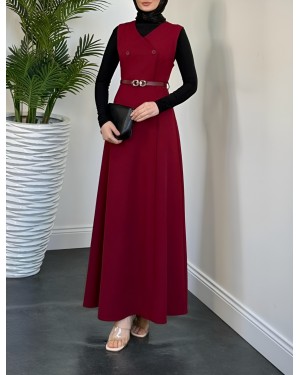 Double-Buttoned Belted Vest -Maroon