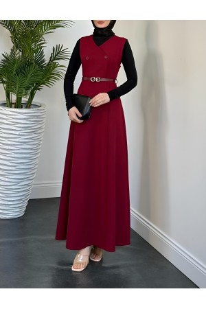 Önü Çift Düğmeli Kemerli Jile -Bordo