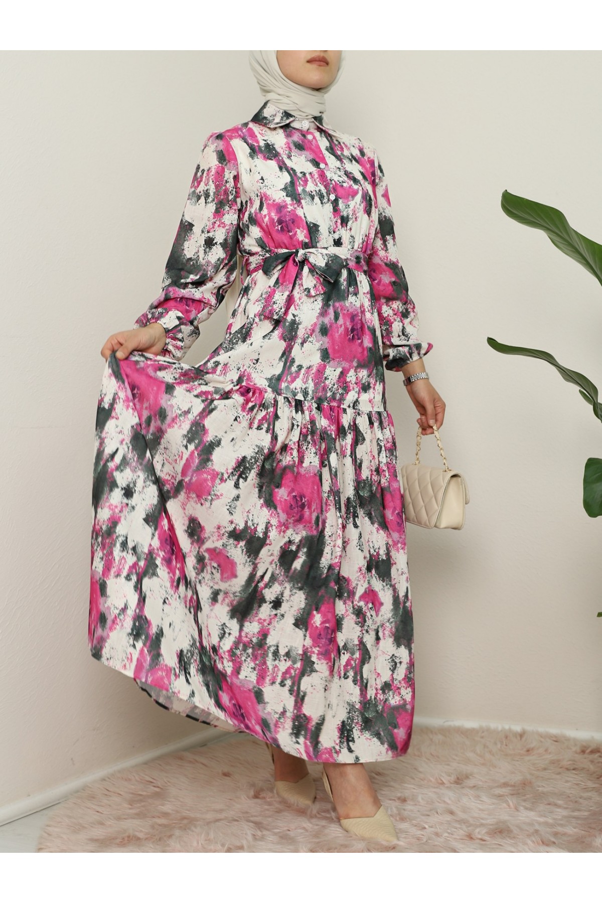 Batik Printed Belted Piece Linen Dress  -Fuchsia