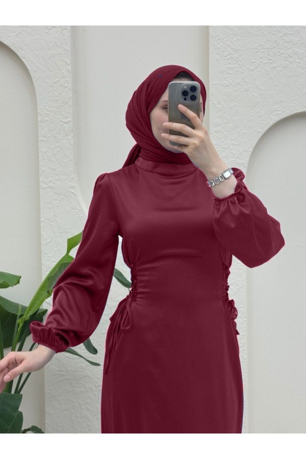 Satin Dress with Tie-Up Sides and Elastic Sleeves -Maroon