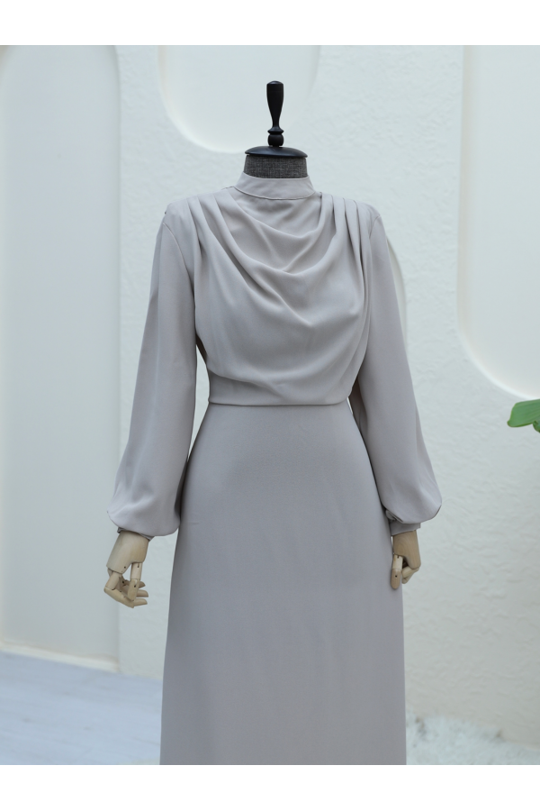 Shoulder Pleated Stand Collar Crepe Dress - Beige