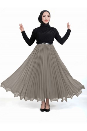 Kemerli Volanlı Pliseli Şifon Etek -Vizon