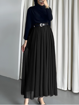 Beli Lastikli Kemerli Şifon Etek -Siyah