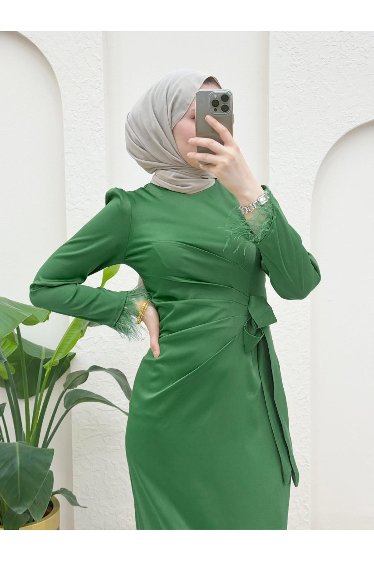 Satin Evening Dress with Feathered Sleeves and Side Tie  -Green