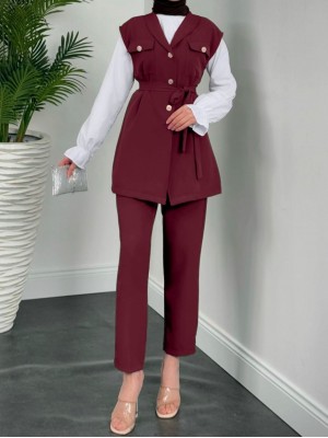 Sıfır Kol Önü Düğmeli Beli Kemerli Üçlü Takım  -Bordo