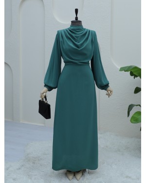 Shoulder Pleated Stand Collar Crepe Dress -Mint Color