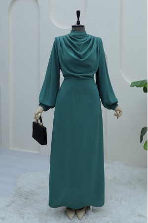 Omuzu Pileli Dik Yaka Krep Elbise -Mint