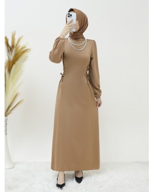 Satin Dress with Tie-Up Sides and Elastic Sleeves -Mink color