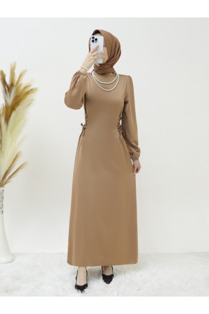 Satin Dress with Tie-Up Sides and Elastic Sleeves -Mink color