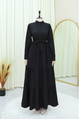 Half Buttoned Stand Collar Tied Waist Linen Dress -Black