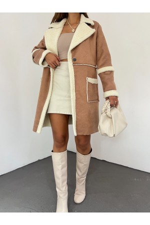 Tek Düğmeli İçi Kürklü Süet Kaban -Taba