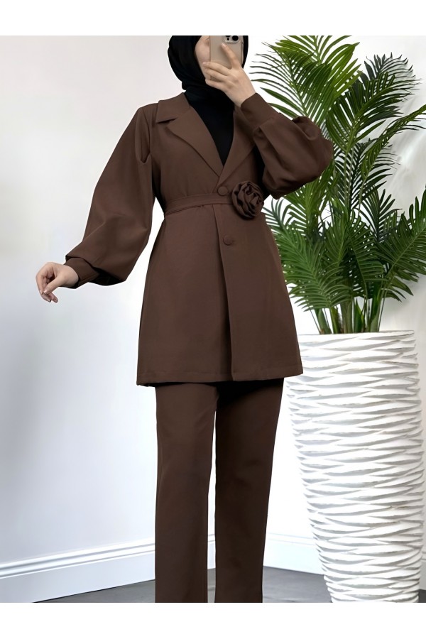 Double Breasted Jacket Trouser Set with Rose Belt Detail -Brown