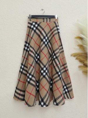 Fermuarlı Çizgi Desenli Kaşe Etek -Vizon