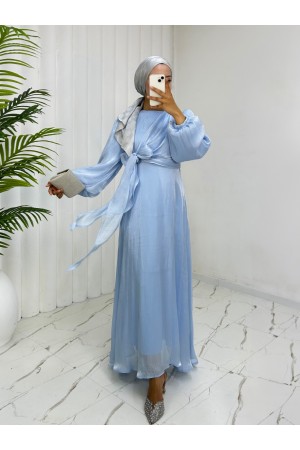 Önden Çapraz Bağlama Detaylı Janjan Kumaş Elbise -Bebe Mavi