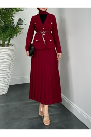 Eteği Piliseli Kemerli Düğmeli Ceketli Takım -Bordo