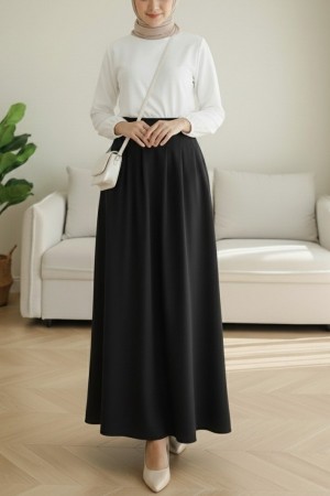 Fermuarlı Cepli Pliseli Krep Etek -Siyah