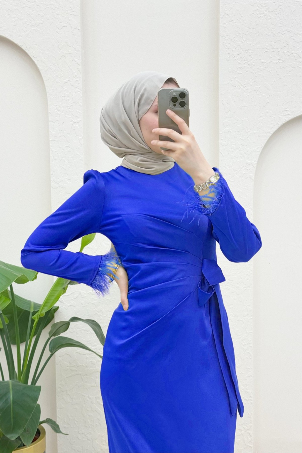 Satin Evening Dress with Feathered Sleeves and Side Tie -Saxe 