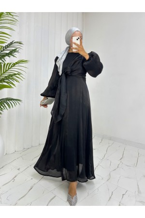 Önden Çapraz Bağlama Detaylı Janjan Kumaş Elbise -Siyah