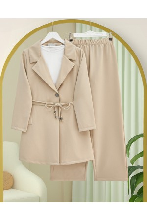 Double-Breasted Double-Laced Jacket and Trouser Set - Beige