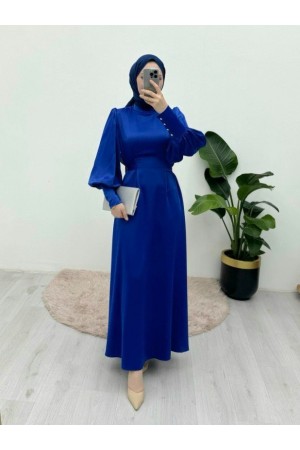 Uzun Manşetli Belden Bağlamalı Saten Balon Kol Elbise   -Saks