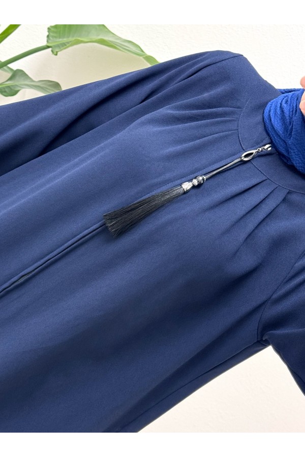 Padded Cap with Zipper Tassel Detail -Navy blue