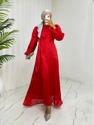 Önden Çapraz Bağlama Detaylı Janjan Kumaş Elbise -Kırmızı