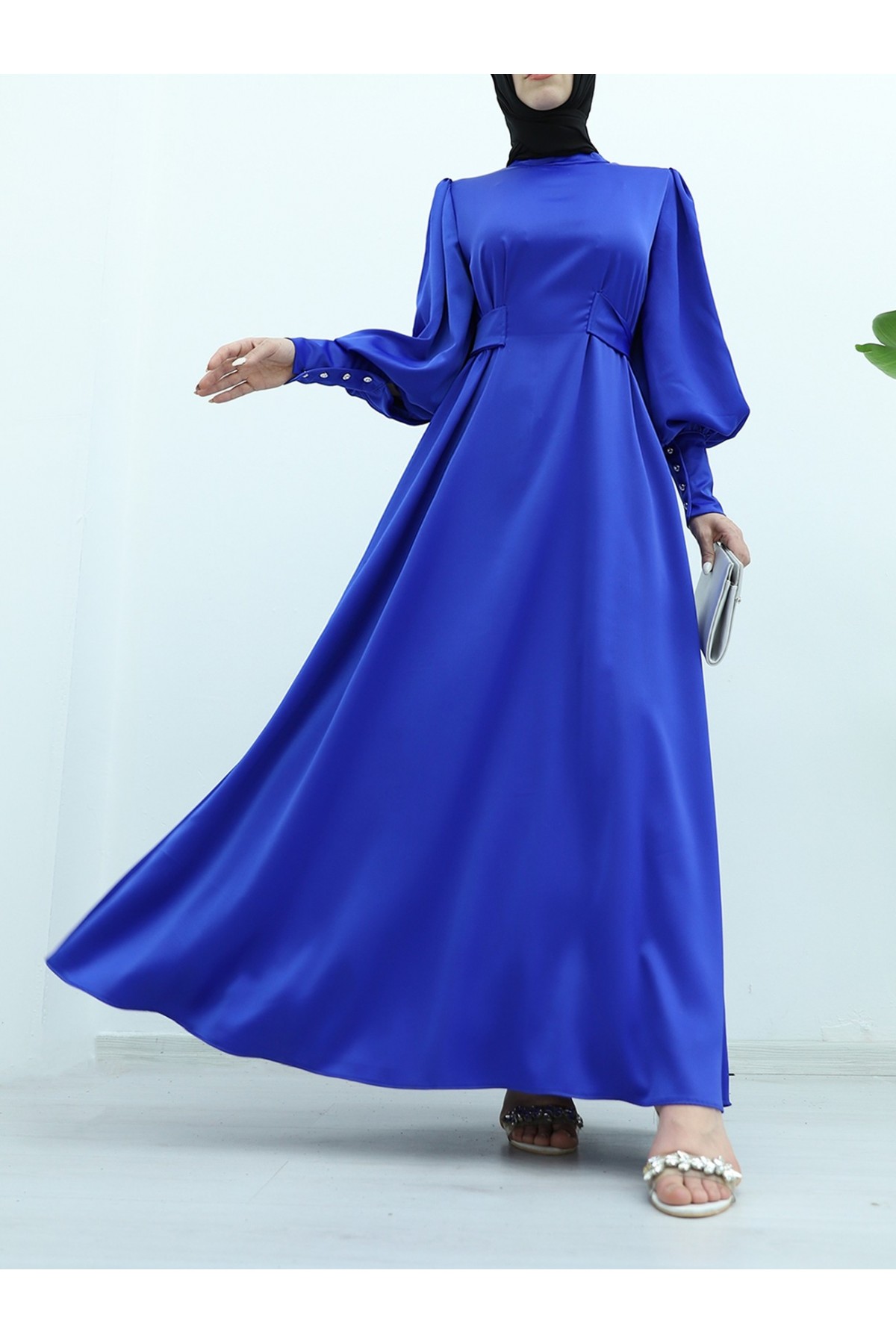 Long Cuffed Waist Tied Satin Balloon Sleeve Dress  -Saxe 