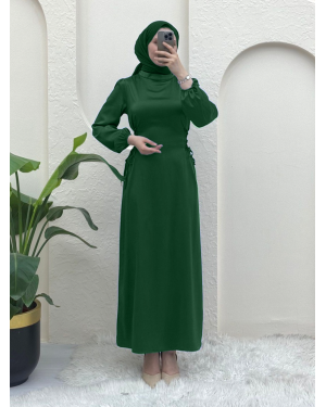 Satin Dress with Tie-Up Sides and Elastic Sleeves -Emerald