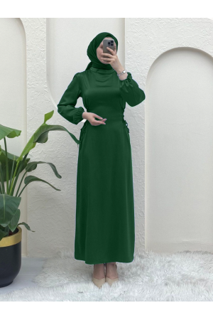 Yanları Bağlamalı Kolu Lastikli Saten Elbise -Zümrüt