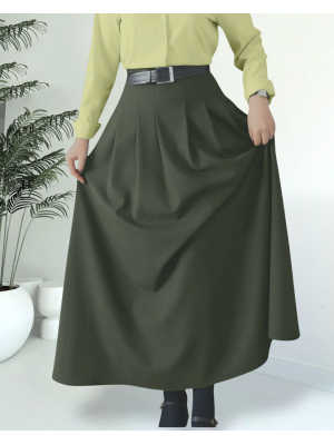 Pleated Pocketed Flared Skirt -Khaki