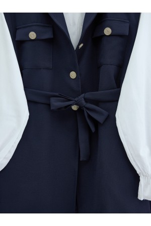 Zero Sleeve Button Front Waist Belted Three Piece Suit -Navy blue