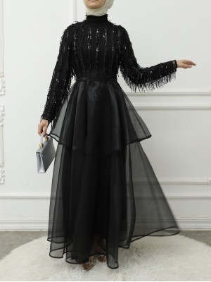 Yakası Lastikli Kuşaklı Pullu Tül Abiye  -Siyah