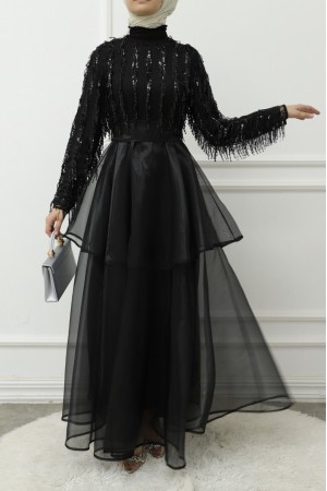 Yakası Lastikli Kuşaklı Pullu Tül Abiye  -Siyah