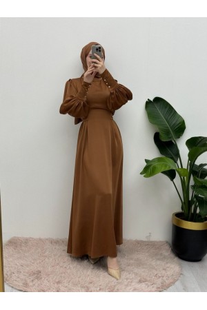 Uzun Manşetli Belden Bağlamalı Saten Balon Kol Elbise   -Taba