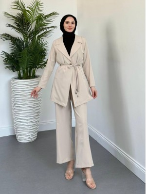 Kruvaze Yaka Çift Bağcıklı Ceket Pantolon Takım -Bej
