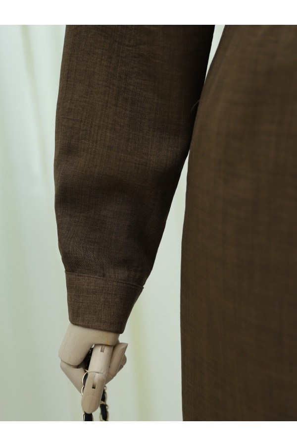 Half Buttoned Stand Collar Tied Waist Linen Dress -Brown