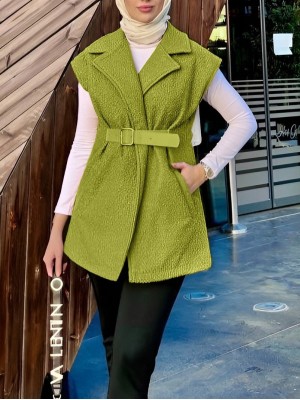 Kemer Detaylı Cepli Buklet Yelek -Yağ Yeşili