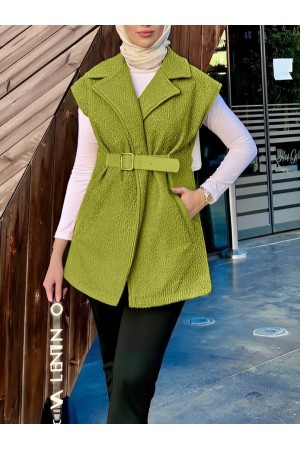 Kemer Detaylı Cepli Buklet Yelek -Yağ Yeşili