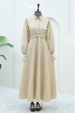 Half Buttoned Tie Waist Dress -Light Mink