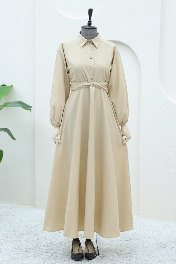 Half Buttoned Tie Waist Dress -Light Mink