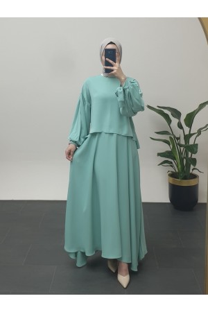 Balloon Skirt Suit with Lace Sleeves -Sea green