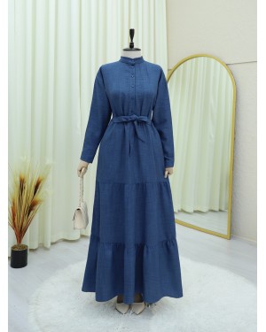 Half Buttoned Stand Collar Tied Waist Linen Dress -İndigo