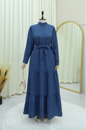 Yarım Düğmeli Dik Yaka Beli Bağlamalı Keten Elbise -İndigo