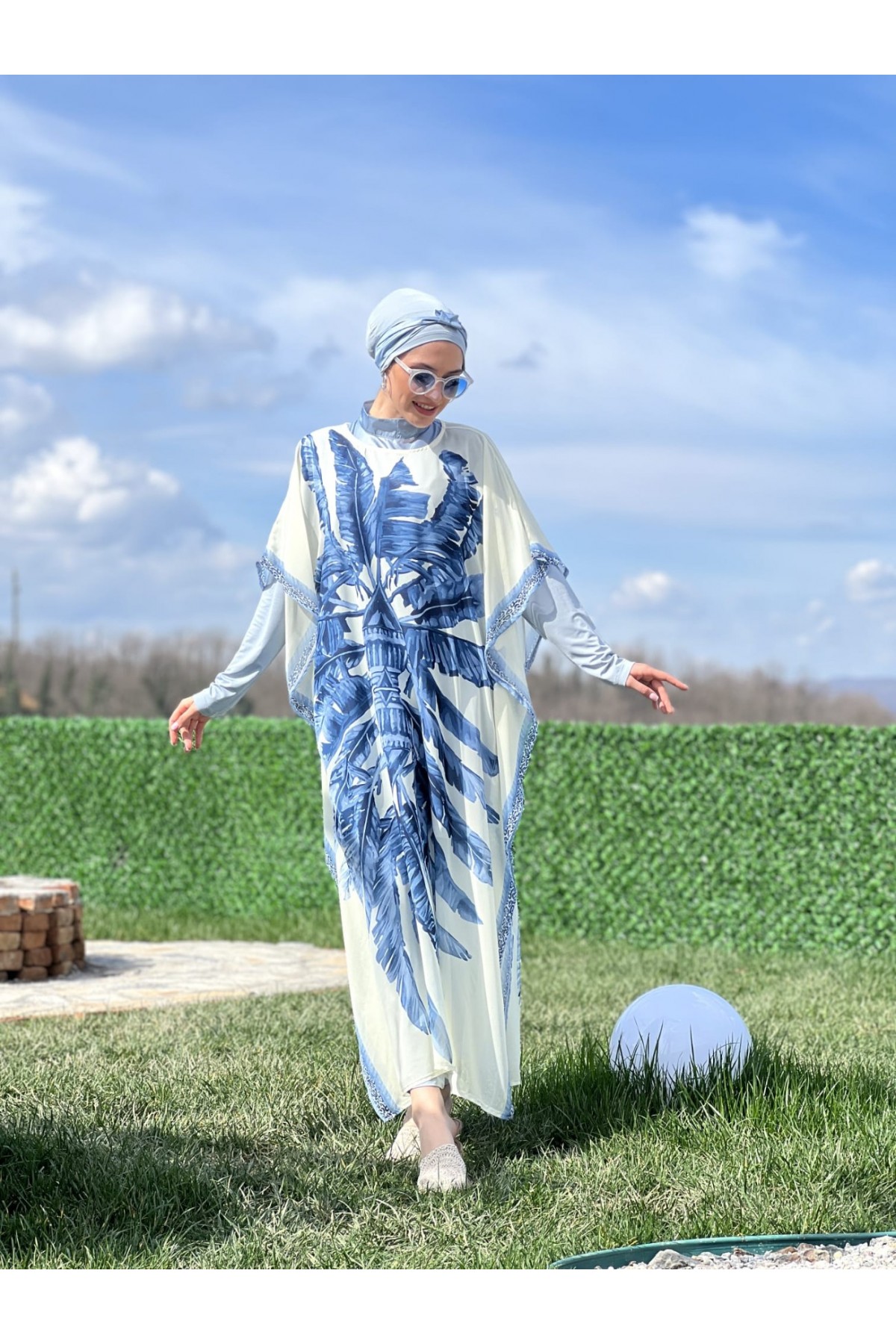 Tüy Desenli Pareo Tesettür Mayo Takım -Buz Mavi