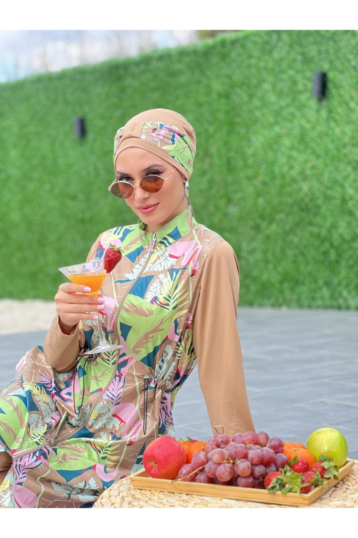 Zippered Elastic Waist Hijab Swimsuit -Snuff