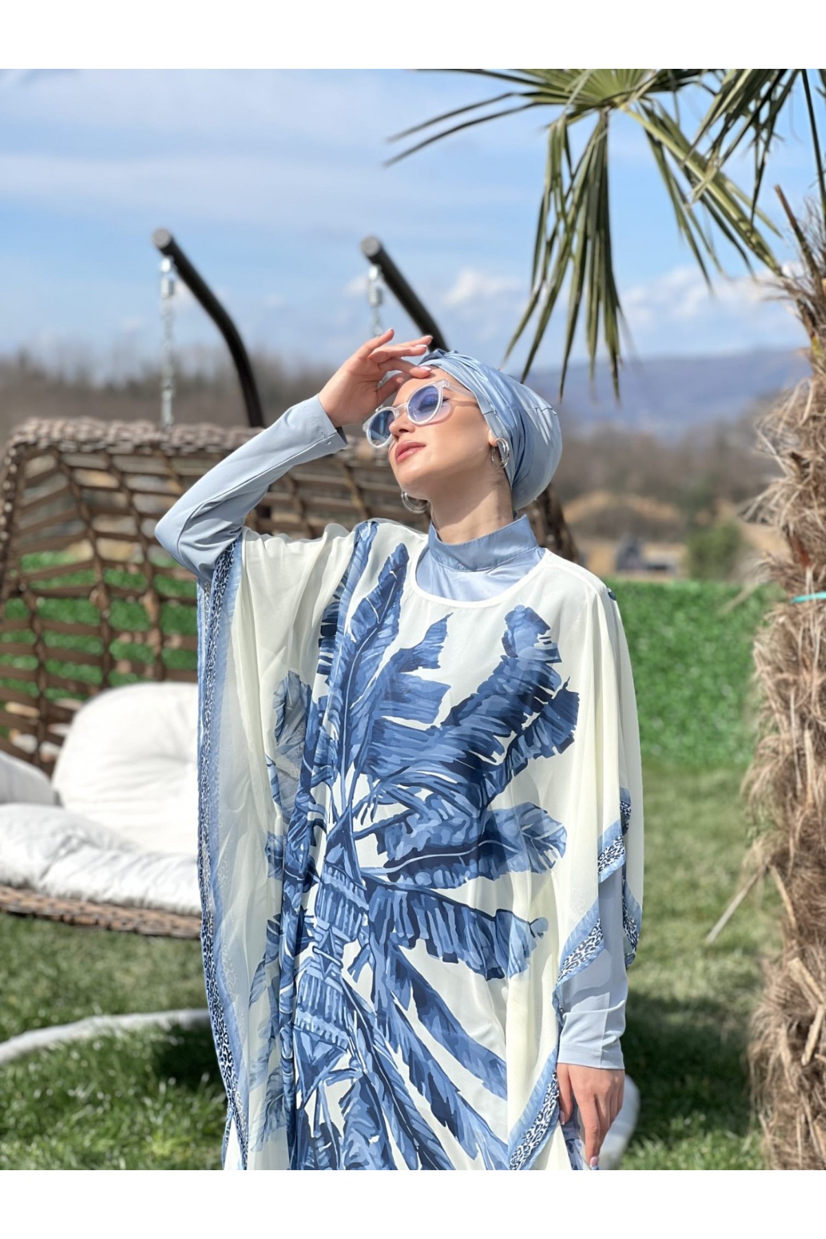 Tüy Desenli Pareo Tesettür Mayo Takım -Buz Mavi