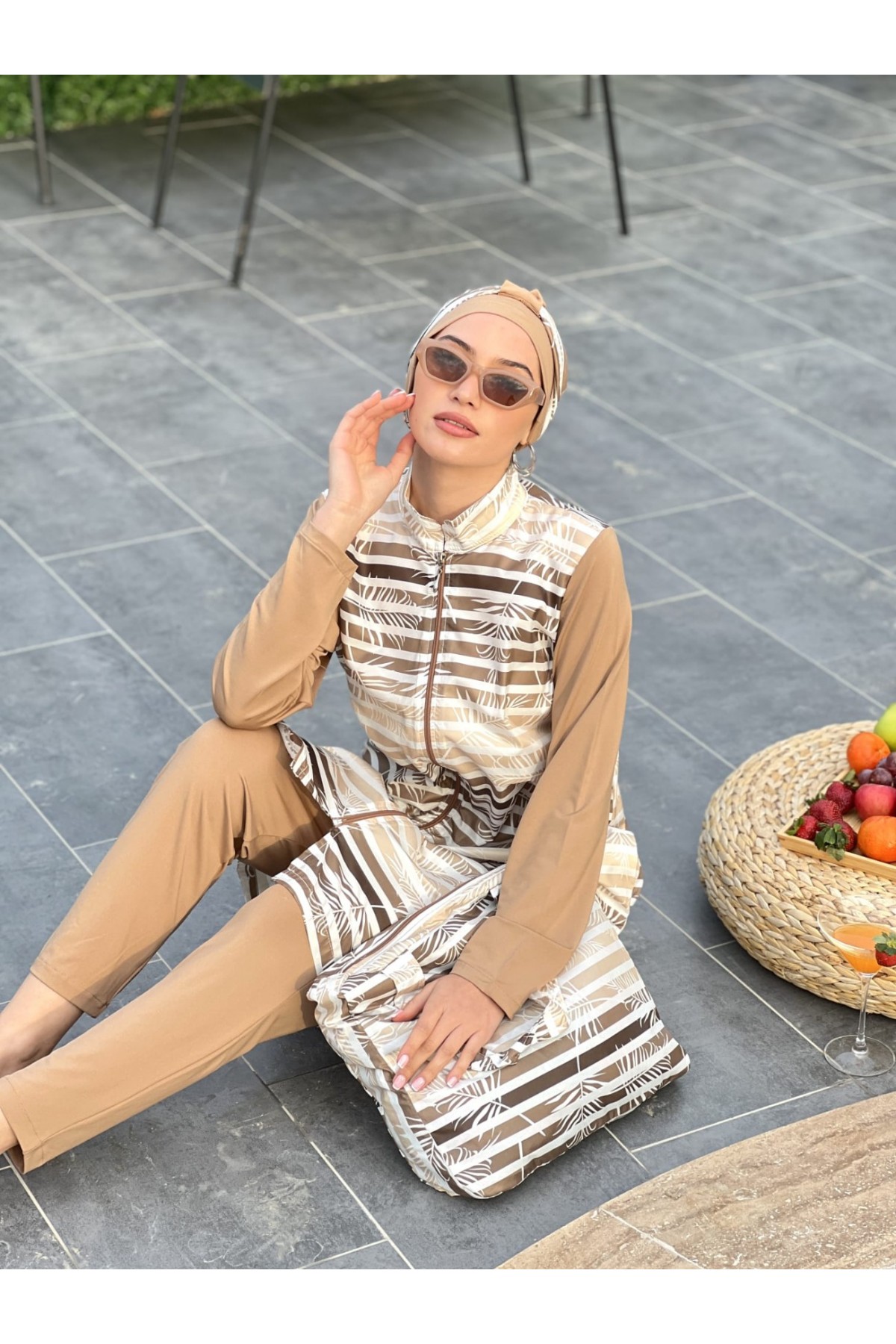 Palmiye Desen Boydan Fermuarlı Tesettür Mayo Takım  -Vizon