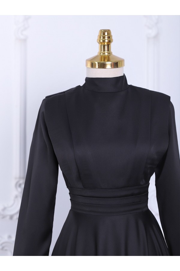 Waist Pleat Detailed Front Double Layer Satin Evening Dress -Black